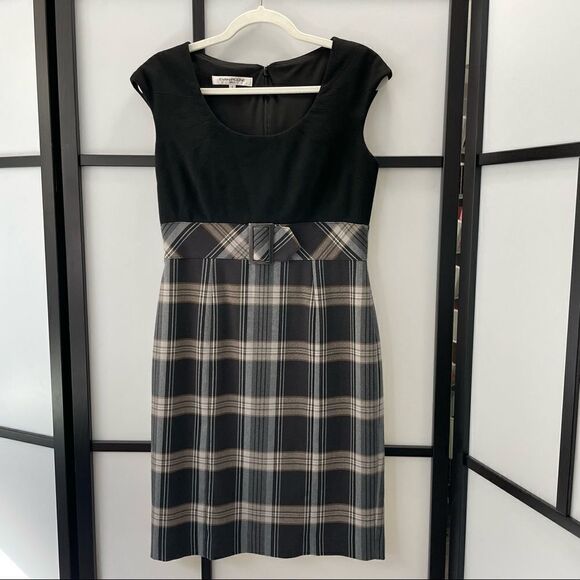 [6] Evan Picone Neutral Tone Plaid Sleeveless Belted Midi Dress Black Tan & Grey - Picture 2 of 16